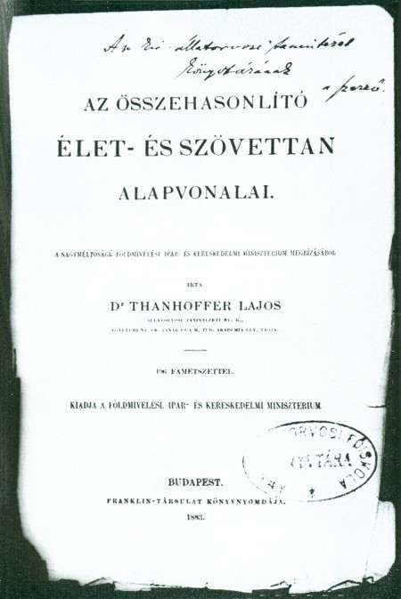 Tanhoffer élet- és szövettan könyvének címlapja (1883)